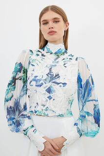 Тканая кружевная блузка с цветочной аппликацией Karen Millen, мультиколор