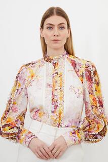 Тканая блузка с высоким воротником и цветочным принтом Karen Millen, мультиколор
