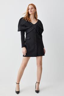 Эффектное мини-платье с плечами из итальянской шерсти и атласа Karen Millen, черный