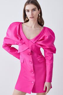 Эффектное мини-платье с плечами из итальянской шерсти и атласа Karen Millen, розовый