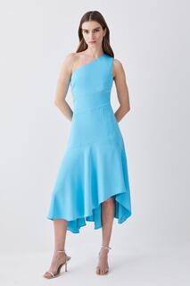Мягкое платье миди с высоким и низким вырезом на одно плечо Karen Millen, синий