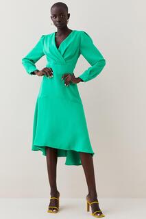 Мягкое приталенное платье миди с высоким и низким вырезом и рукавами с запахом Karen Millen, зеленый