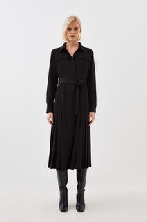 Мягкое приталенное платье-рубашка миди со складками и карманами Karen Millen, черный
