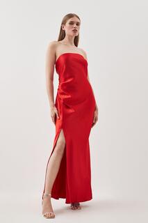Высокое атласное тканое платье миди без бретелек премиум-класса со вставками Karen Millen, красный