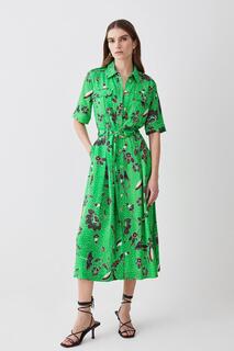 Высокое льняное тканое платье-рубашка премиум-класса с цветочным батиком Karen Millen, зеленый