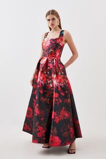 Высокое платье макси для выпускного вечера из атласной твиловой ткани с цветочным принтом и бретелями Karen Millen, мультиколор