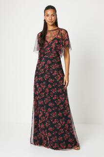 Высокое платье миди из сетчатой ​​ткани с цветочным принтом и развевающимися рукавами Dorothy Perkins, мультиколор