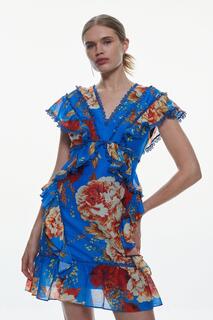 Высокое тканое мини-платье с кружевной отделкой и цветочным принтом Karen Millen, мультиколор