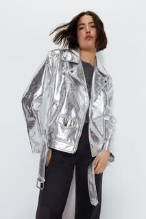Байкерская куртка из искусственной кожи с кракле Warehouse, серебро