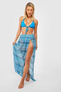 Вязаная пляжная юбка макси с несколькими полосками и разрезами по бокам boohoo, синий
