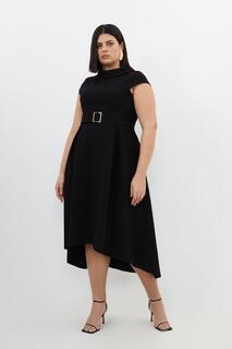 Плюс размер Структурированное креповое платье миди с высоким воротником и глубоким подолом Karen Millen, черный