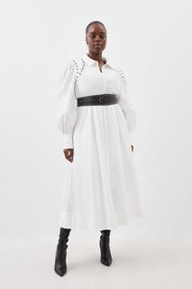 Плюс размер Хлопковое тканое платье макси с люверсами и поясом с длинными рукавами Karen Millen, белый