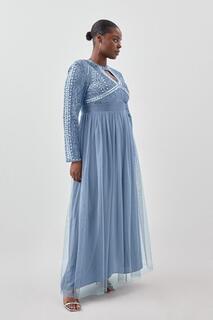 Плюс размер Тканое платье макси с украшением и юбкой из тюля Karen Millen, синий