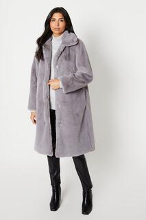 Плюшевое длинное пальто на пуговицах из искусственного меха Wallis, серый