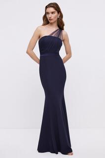 Сетчатое платье макси из крепа на одно плечо для подружки невесты Coast, темно-синий