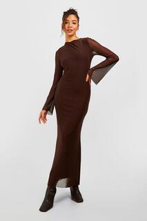 Сетчатое платье макси с длинными рукавами boohoo, коричневый