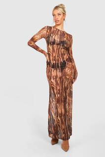 Сетчатое платье макси с леопардовым принтом и длинными рукавами boohoo, мультиколор