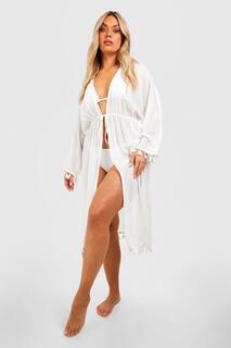Пляжное кимоно Plus с кисточкой на подоле boohoo, белый