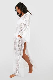 Пляжное кружевное платье с длинными рукавами boohoo, белый