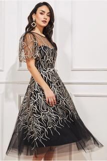 Сетчатое платье-миди с вышивкой Goddiva, черный