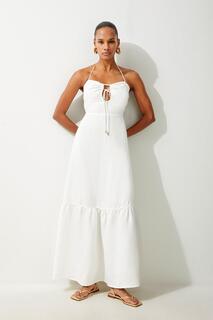 Пляжное платье макси из вискозно-льняной ткани Karen Millen, белый