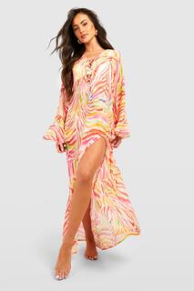 Пляжное платье макси-кафтан с разноцветной зеброй и шнуровкой boohoo, розовый