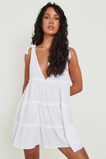 Пляжное платье с жатой завязкой на плечах boohoo, белый