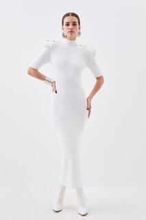 Миниатюрное платье макси из смесовой вискозы в рубчик с мощными плечами и отделкой в ​​стиле милитари Karen Millen, белый