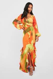 Миниатюрное платье макси с оборками и запахом с абстрактным принтом boohoo, оранжевый