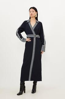 Миниатюрное платье мидакси из контрастной саржевой ткани с воротником и поясом Karen Millen, темно-синий