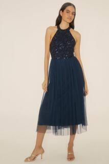 Миниатюрное платье миди с воротником халтер и пайетками в тон Oasis, темно-синий