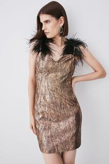 Жаккардовое мини-платье с перьями Karen Millen, золото