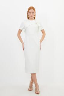 Миниатюрное строгое платье-миди из структурированного крепа с рюшами Karen Millen, белый