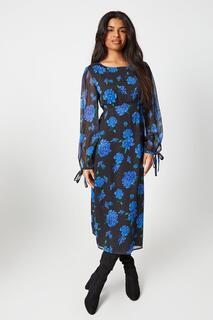 Миниатюрное синее шифоновое платье-миди с цветочным принтом Wallis, черный