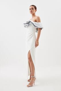 Миниатюрное структурированное платье макси из жаккардового крепа с рюшами и бардо Karen Millen, белый