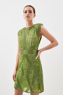 Миниатюрное тканое мини-платье с сильными плечами и кристаллами Karen Millen, зеленый
