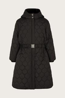 Стеганое длинное пальто с поясом и капюшоном Monsoon, черный