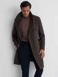 Двубортное пальто в клетку из смесовой шерсти Date Reiss, коричневый