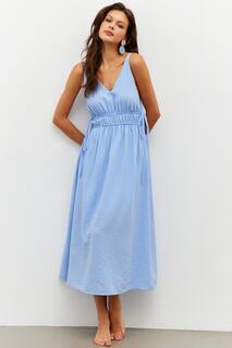 Женское синее льняное платье миди с V-образным вырезом спереди и сзади PP7444 Cool &amp; Sexy, синий
