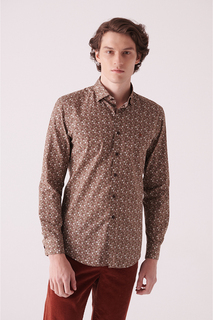 Мужская коричневая приталенная рубашка из 100% хлопка с абстрактным рисунком Avva, коричневый