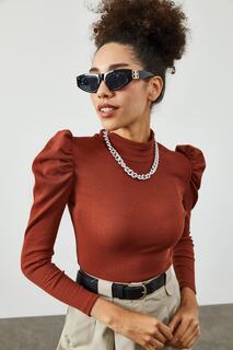 Женская блузка со сборками на плечах кирпичного цвета XHAN, коричневый