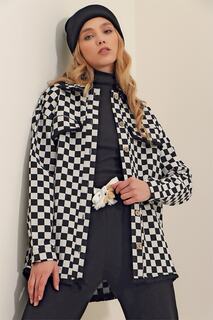 Женская черно-белая габардиновая куртка-рубашка с квадратным узором и кисточками ALC-X9444 Trend Alaçatı Stili, черный