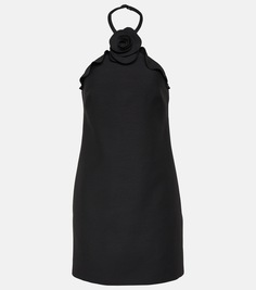 Мини-платье из шерсти и шелка с цветочной аппликацией Valentino, черный