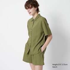 Льняная пижама с короткими рукавами UNIQLO, оливковый