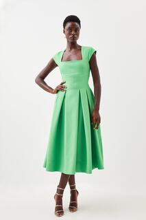 Текстурированное платье миди с квадратным вырезом и короткими рукавами, пышная юбка Karen Millen, зеленый