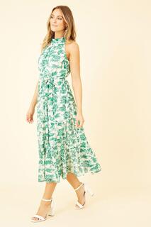 Платье миди с воротником-стойкой и принтом зеленых листьев Yumi, зеленый