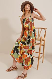 Женское поплиновое платье кирпично-мятного цвета с веревочным ремнем и цветочным узором, с воланом по краю ALC-X8732 Trend Alaçatı Stili, разноцветный