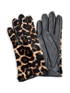 Технические перчатки из кожи и леопардового принта из волоса пони Portolano, цвет Black Leopard