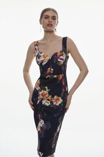 Итальянское структурированное эластичное платье-миди с корсетом и орхидеей Karen Millen, мультиколор