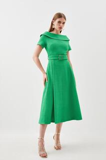 Твидовое платье миди с высоким воротником и поясом и пышной юбкой Karen Millen, зеленый
